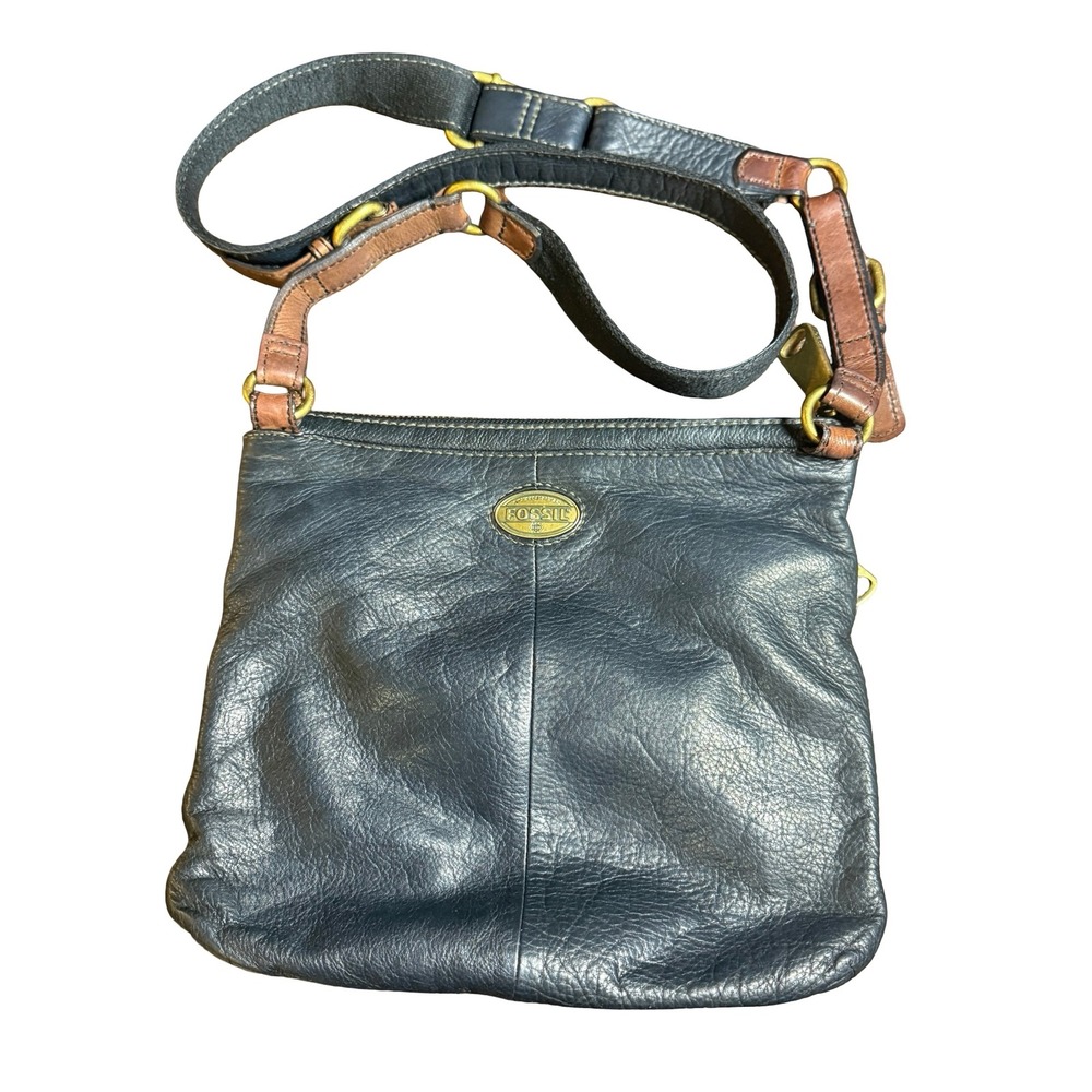 Fossil Explorer Black Brown Pebbled Leather‎ Crossbody Bag ZB5255 Brass Hardware